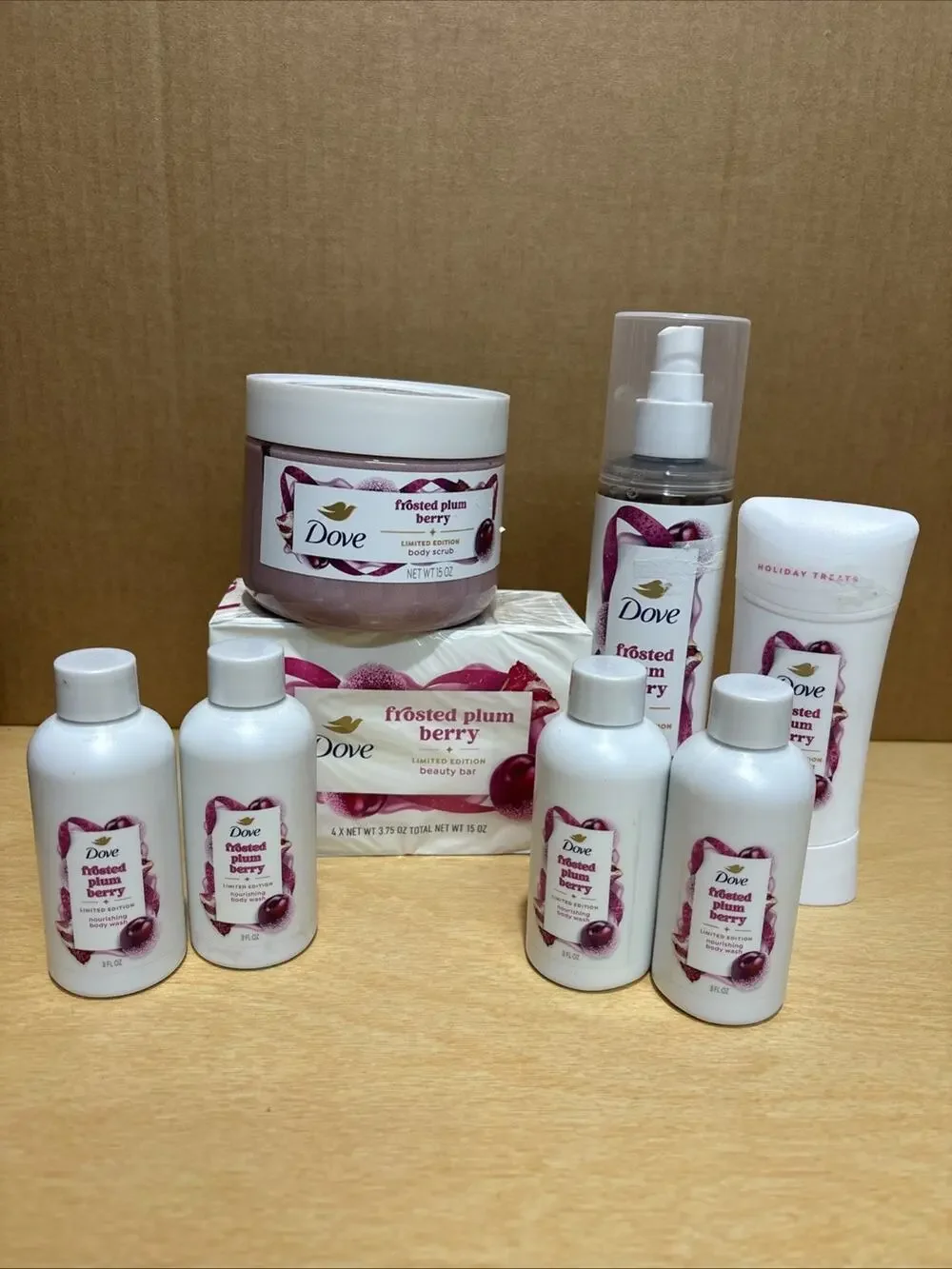 Dove Frosted Plum Berry Limited Edition 8 Piece Bundle Wash Scrub Bars Deo Mist